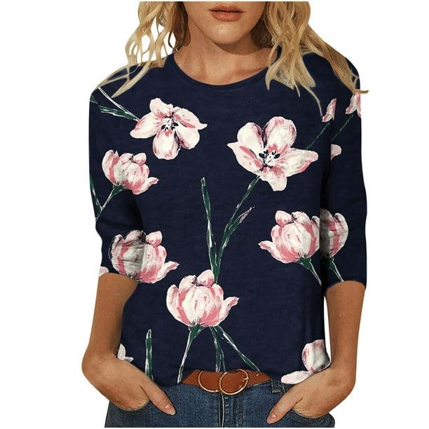 Pisexur Plus Size Blouse for Women, Womens Fall 2023 Shirts Floral 3/4  Sleeve Printed T-Shirt Tops Blouse