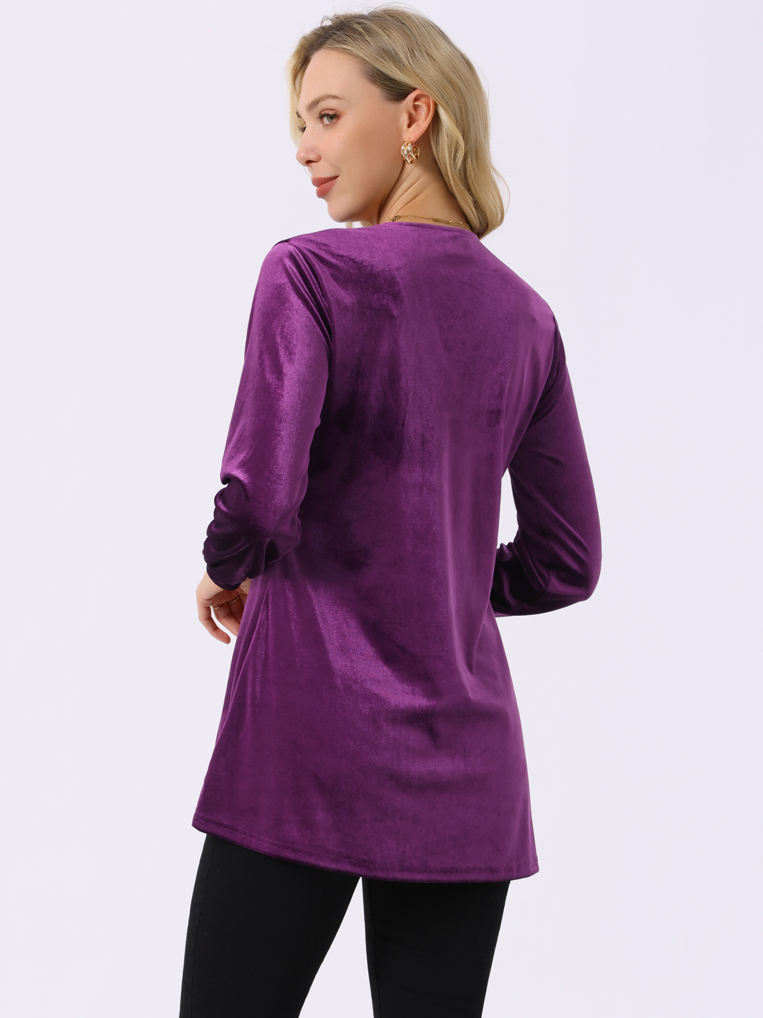 DARING DIVA Women's Velvet Top V Neck Long Sleeves Loose Blouse S Purple