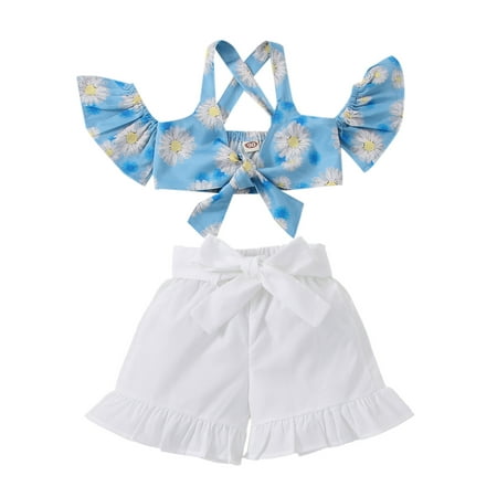 

ZIYIXIN 2Pcs Toddler Little Girl Summer Outfit Off Shoulder Watermelon Floral Print Tops + Ruffle Shorts Holiday Wear Blue 3-4 Years