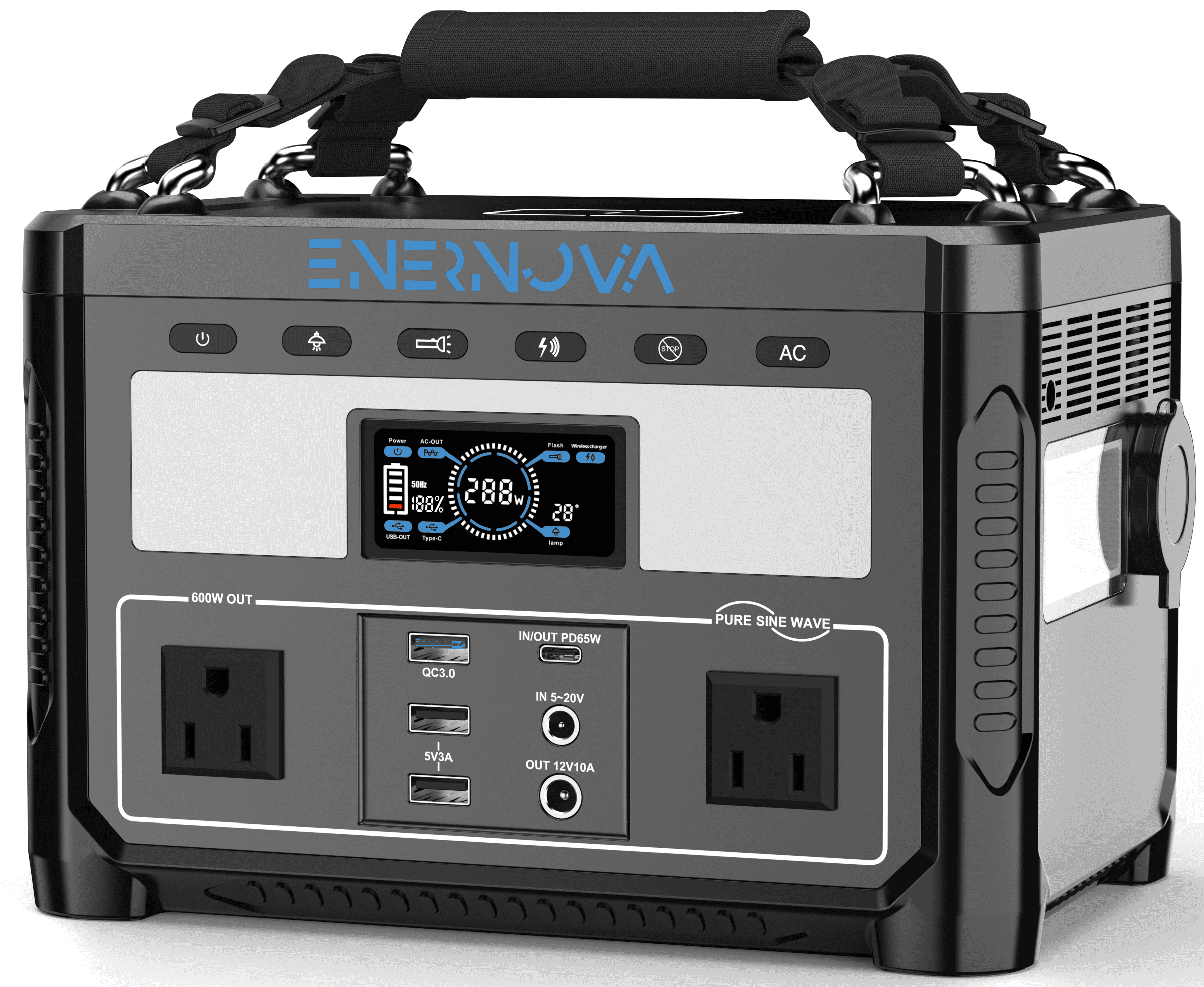 Enernova Portable Power Station ETA 600W, 288Wh Backup LiFePO4 Battery, 50Min Fast Charging, 2 Up to 600W AC Outlets, Outdoor Solar Generator for Camping, Home, RV, Emergency