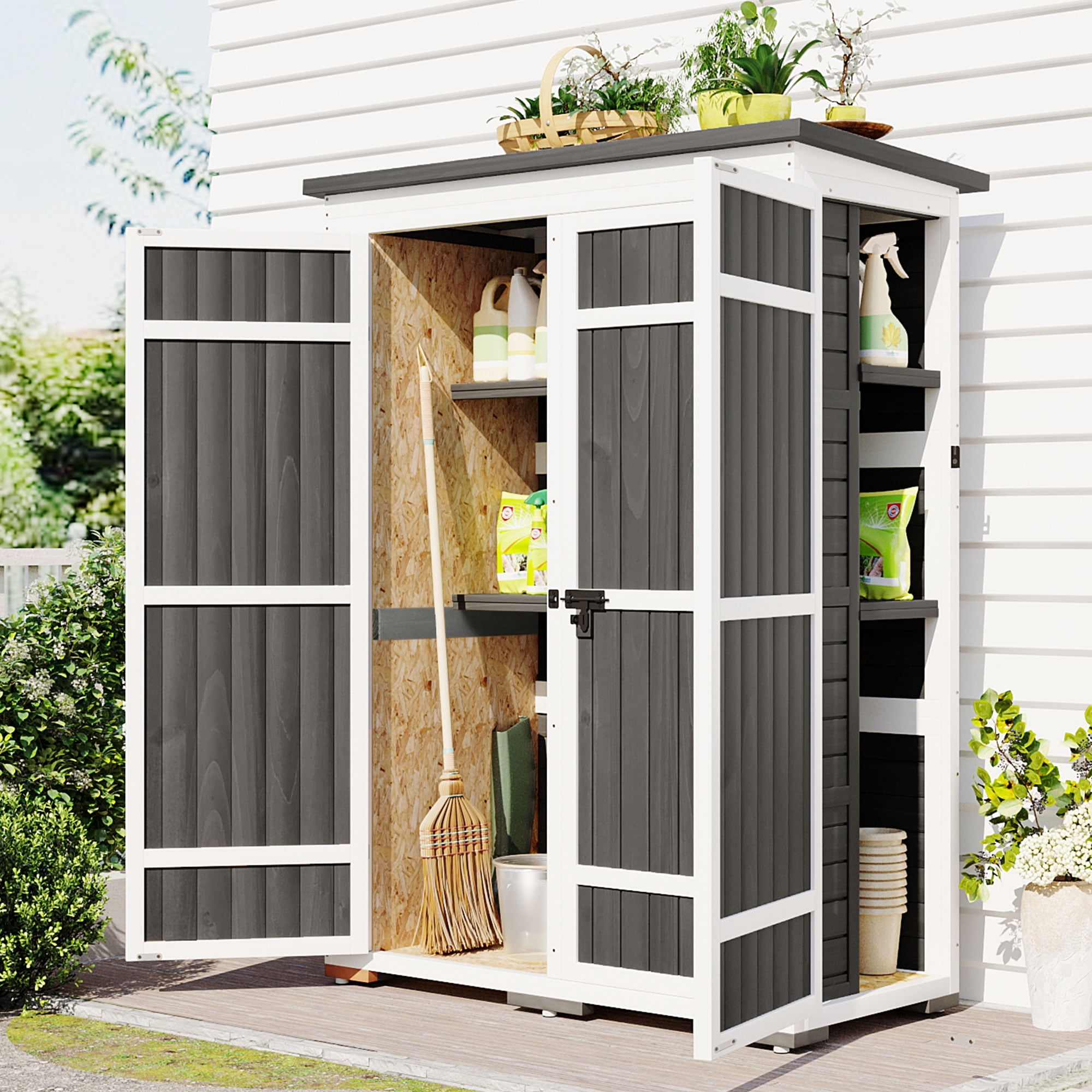 MAYEERTY Outdoor 5.5ft Wood Storage Shed with Lockable Doors, Multi-Shelf Garden Tool Cabinet with Waterproof Roof