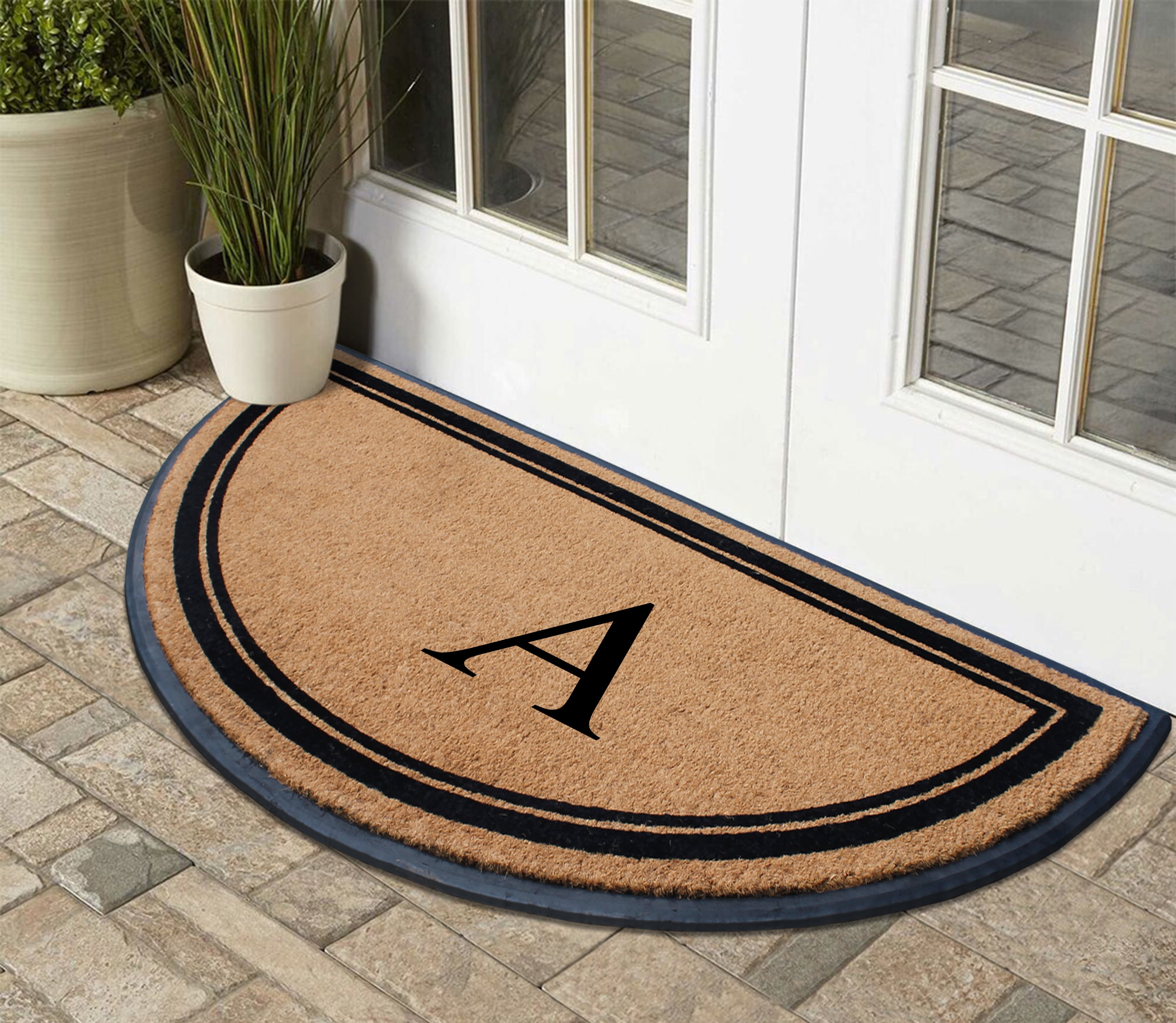 A1HC 36"x72" Natural Coir & Rubber Semicircular Monogrammed Door Mat, Thick, Durable, Heavy-Duty Welcome Mat for Front Door, Black Border