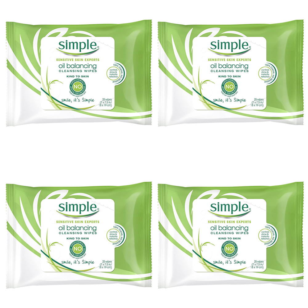 Pack of (4) Simple Cleansing Facial Wipes, Oil Balancing 25 ct