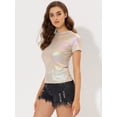 thumbnail image 2 of INSPIRE CHIC Women's Party Metallic Textured Short Sleeve Shiny Multicolor Top Beige L, 2 of 5