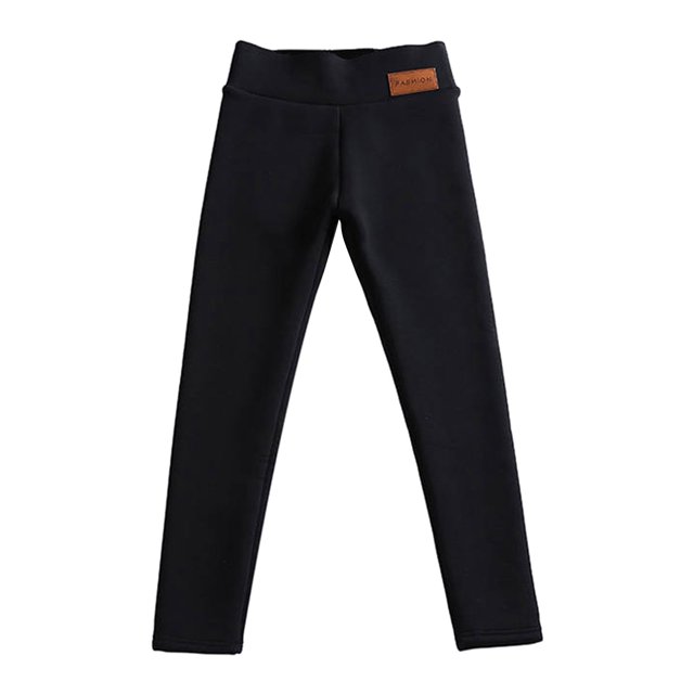 leggings de cintura cálidos de invierno con forro polar sunnimix l Leggings negros de talle alto con forro de vellón de poliéster, vista frontal centrada y silueta ajustada; cintura ancha y elástica, perneras largas y pequeña etiqueta marrón en la cinturilla, sobre fondo blanco; aptos para uso casual, trotar o llevar con abrigos y suéteres.