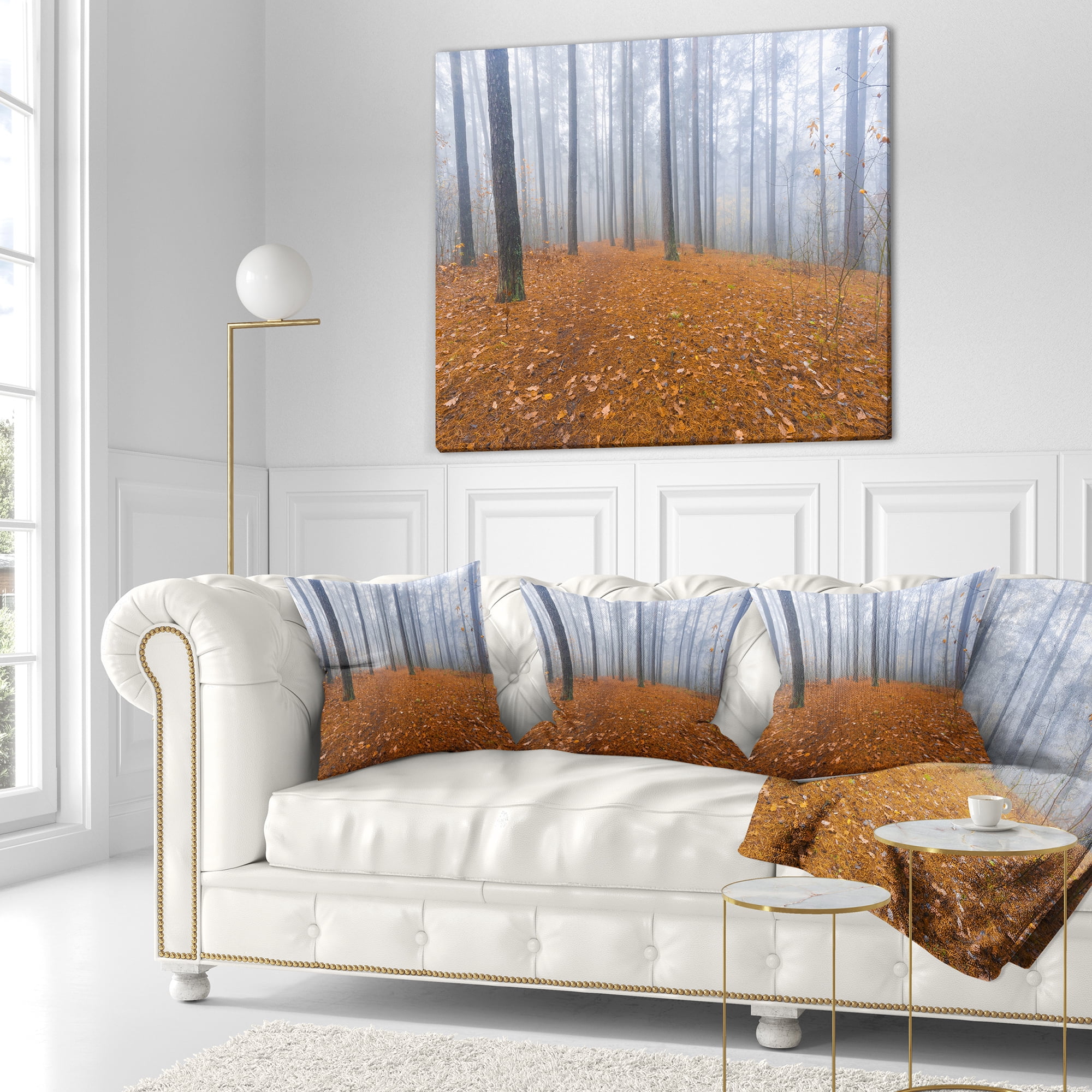 Designart Foggy Forest and Fallen Leaves - Modern Forest Throw Pillow - 18x18