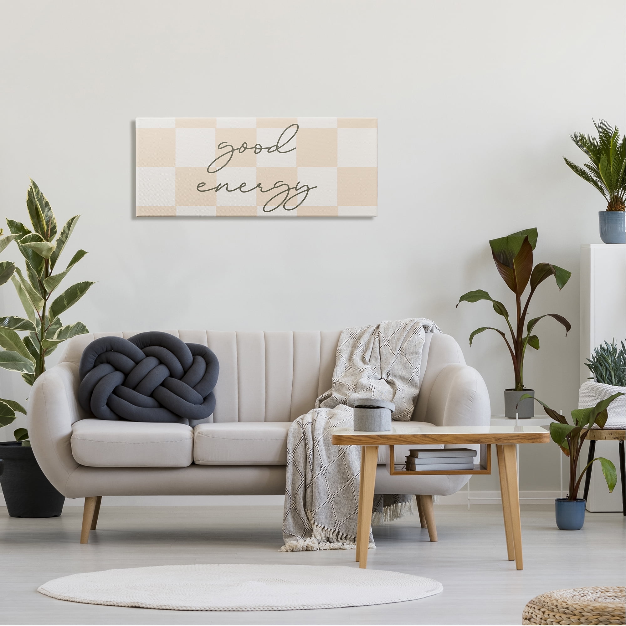 Stupell Industries Good Energy Script Checkered Neutral Beige Tones Graphic Art Gallery Wrapped Canvas Print Wall Art, Design by Daphne Polselli