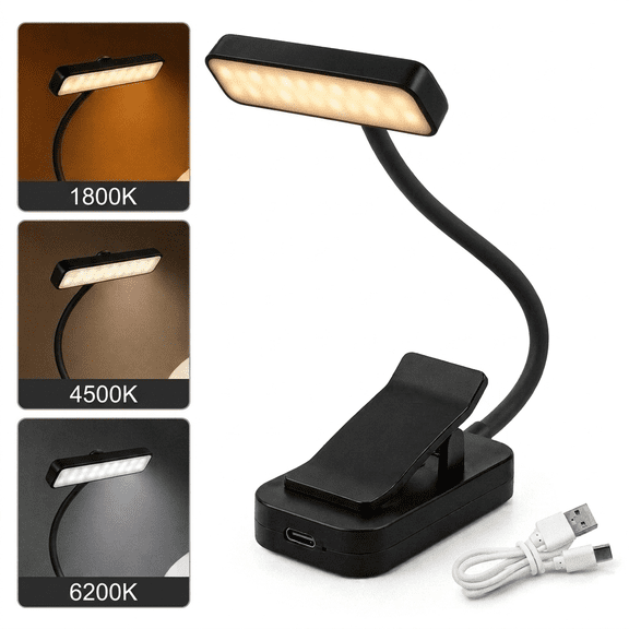 DAYBETTER LED Rechargeable Clip-on Reading Light, 3 Color Modes, Adjustable Brightness, Portable Bed Reading Lamp for Bookworms, Black