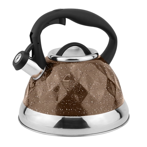 Whistling Brown Tea Kettle 3 Liter Stainless Steel - Induction Compatible Teapot with Ergonomic Handle, 12-Cup Capacity for All Stovetops