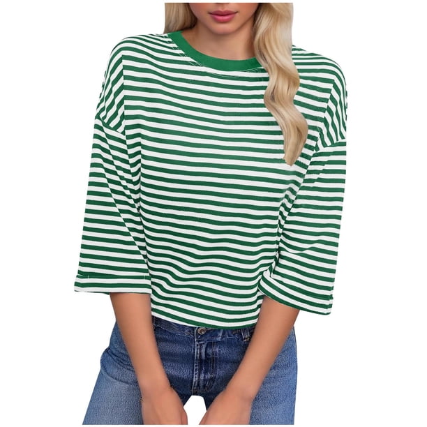 Tops Y Blusas de Manga 3/4 de Mujer Tops de Verano de Manga 3/4 de Mujer Moda Casual Raya Cuello Redondo 3/4 de Manga Blusas Camisas Top