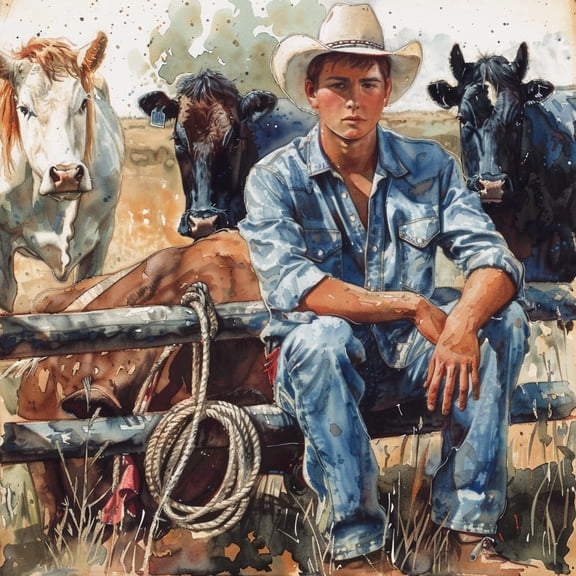 A Cowboy Sit on Fense Cattle 5D Diamond Art Painting by Number Kits for Adults DIY Paint with Full Drill Round Diamond Gems Painting Art Craft for Home Wall Decor 13.8x13.8inch(2)