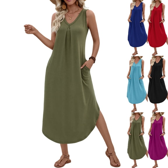 FRSASU Dress for Women Summer Casual Sleeveless Midi Pleated Tank V-Neck A Line Swing T-shirt Dress Red