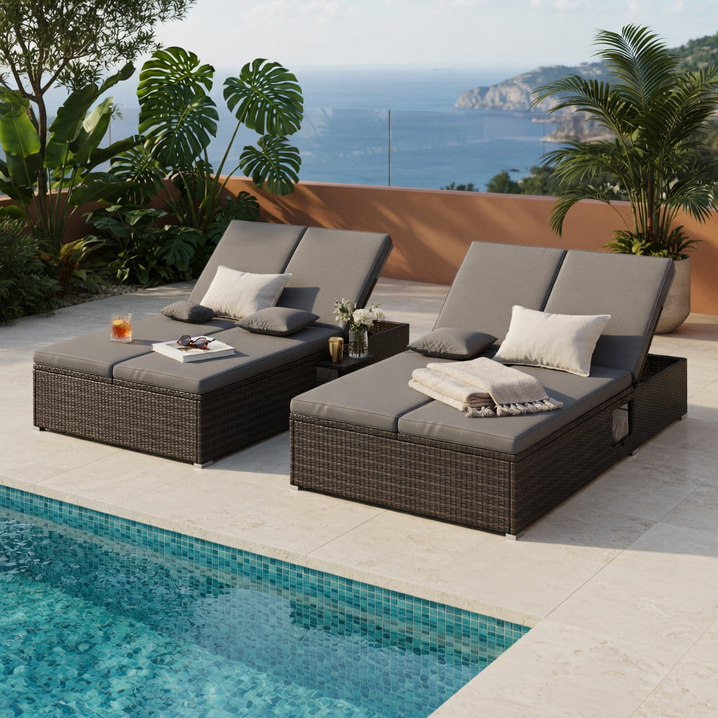 Hommoo Double Chaise Lounge Chair with Adjustable Backrest, PE Rattan Outdoor Patio Lounger Set, Folding Side Tables, Gray