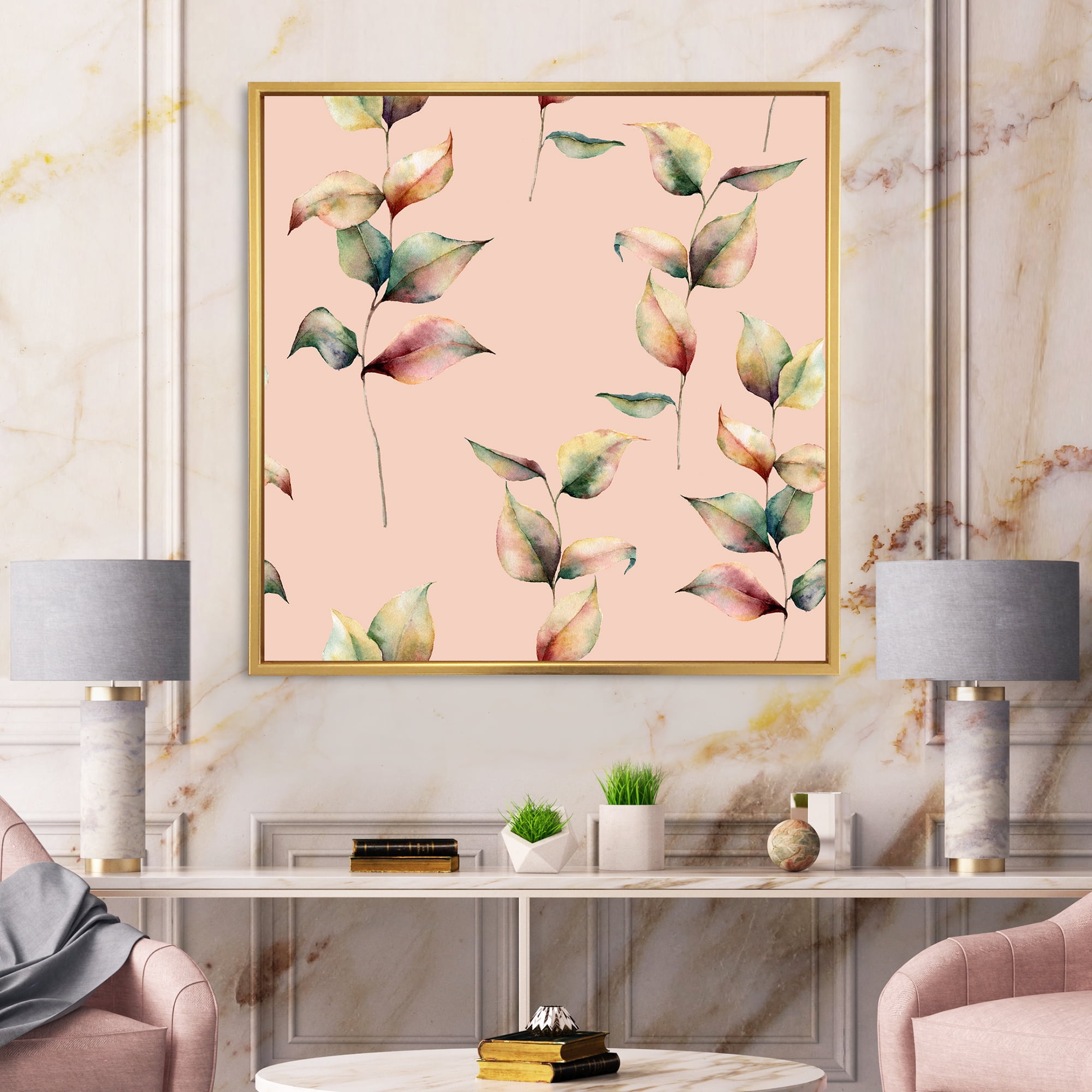 Designart 'Autumn Pink Leaves with Branch On Pastel Colors' Traditional Framed Canvas Wall Art Print