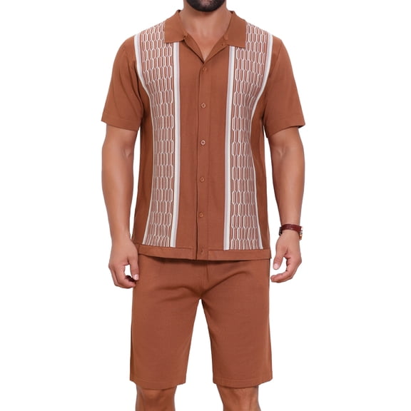 INSPIRE CHIC Men's 2 Pieces Sets Polo Shirt & Shorts Printed Knit Outfits M Brown