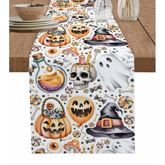 Pumpkins Halloween Table Runner 70 Inches, Skull Candy Candle Cute Ghost Bed Runner Dresser Scarves Tabletop for Indoor Outdoor Parties/Ceremony/Banquet, 13" x 70"