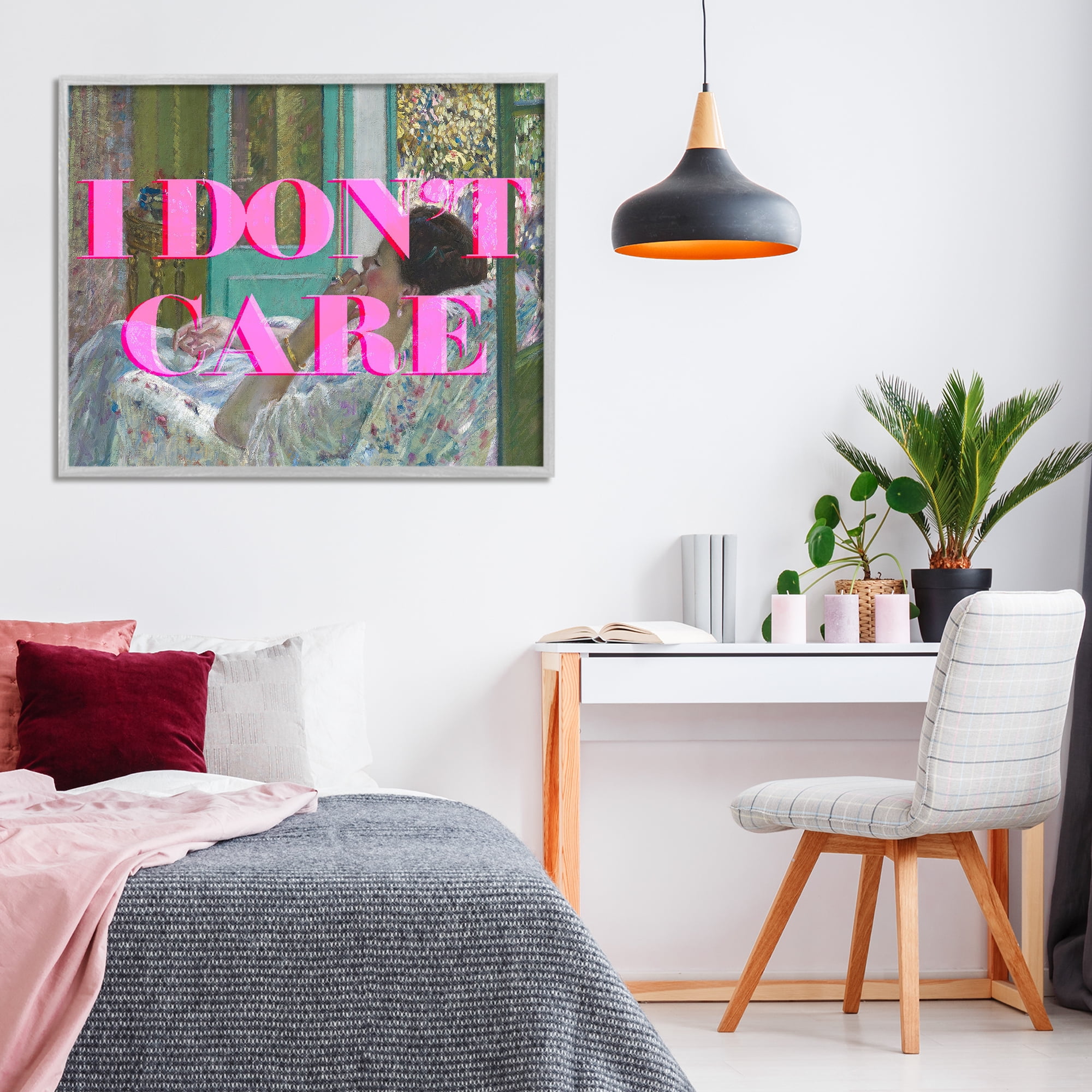 I Don't Care over Classic Painting Gray Framed Giclee Art, design by Lil' Rue