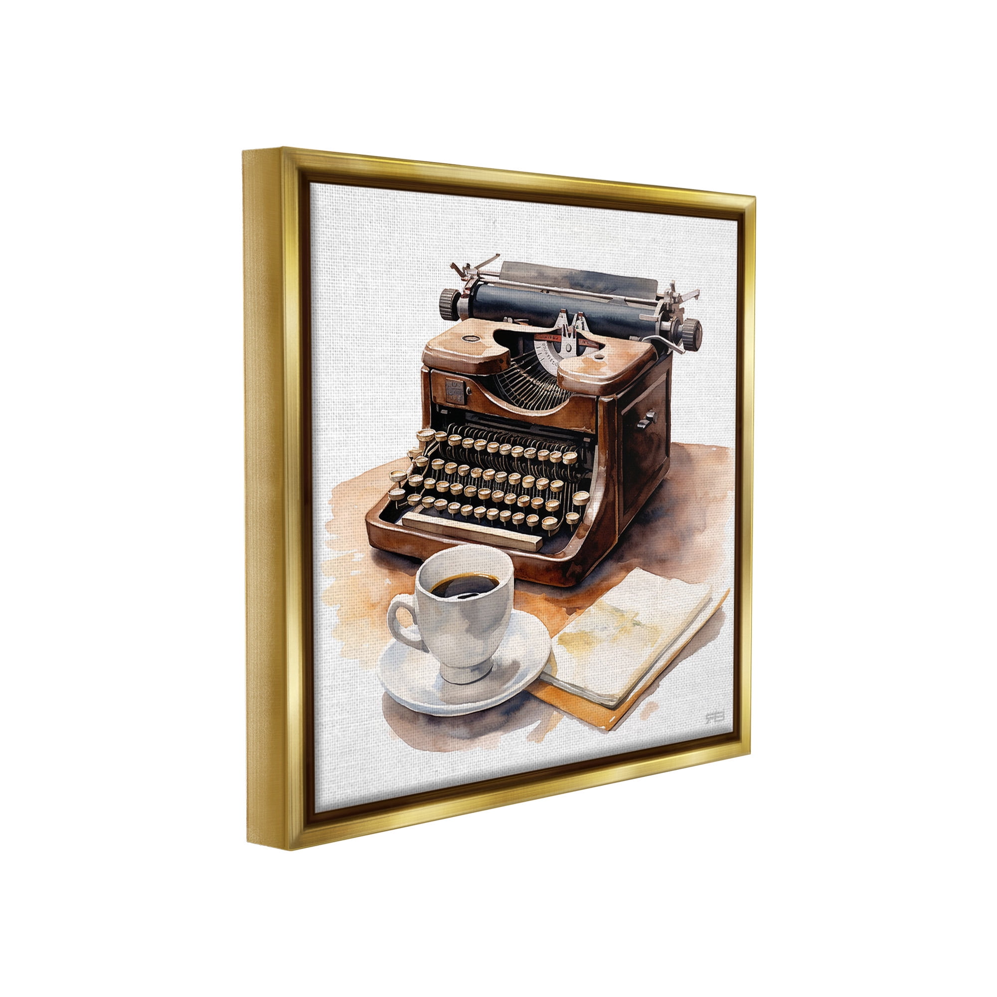 Stupell Industries Typewriter with Coffee Mug Food & Beverage Painting Gold Floater Framed Canvas Art Print Wall Art, 25 x 25