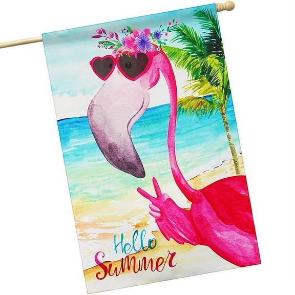 G128 House Flag Hello Summer Peace Sign Flamingo 28"x40"