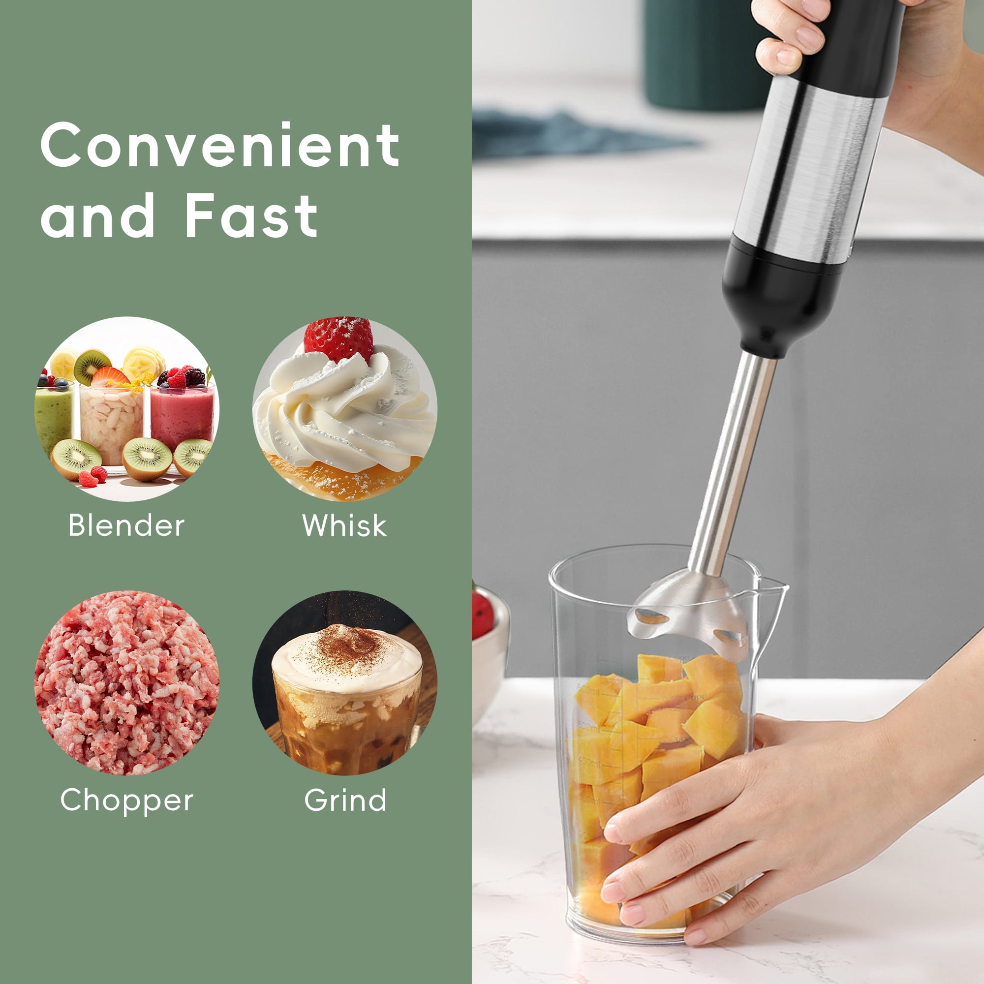 WHALL Cordless Immersion Blender, Rechargeable 5-in-1 Hand Blender with Whisk, Milk Frother Attachments, Portable Stick mixed,700ml Beaker, 500ml Chopper