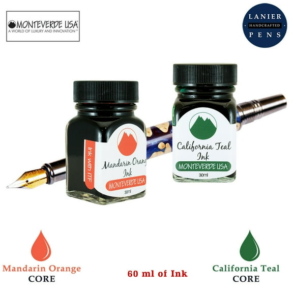 Monteverde 60ml Core Fountain Pen Ink Bottle (30ml Mandarin Orange Ink Bottle G309MO, 30ml California Teal Ink Bottle G309CT)