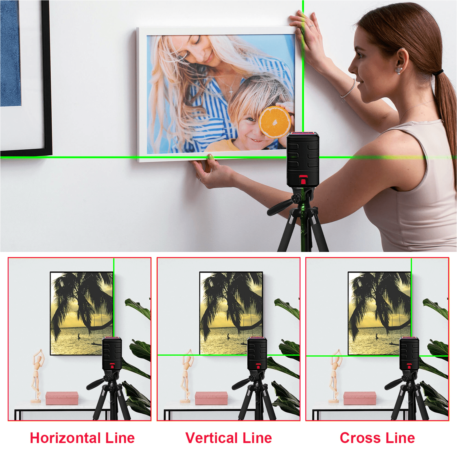 Laser Level with Tripod, Self Leveling Cross Line Lasers, Green Beam Leveler Tool, with Self-leveling, Manual, Pulse Mode, Lazer Level with 360 Degree Magnetic Base and Battery