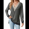 thumbnail image 3 of Blusas de Otoño para Mujer, con Escote en V, Encaje, Larga, Holgadas, con Ribete de Bloques de Color, Moda 2025 Gris Oscuro M, 3 of 10