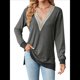 thumbnail image 3 of Blusas de Otoño para Mujer, con Escote en V, Encaje, Larga, Holgadas, con Ribete de Bloques de Color, Moda 2025 Gris Oscuro S, 3 of 10