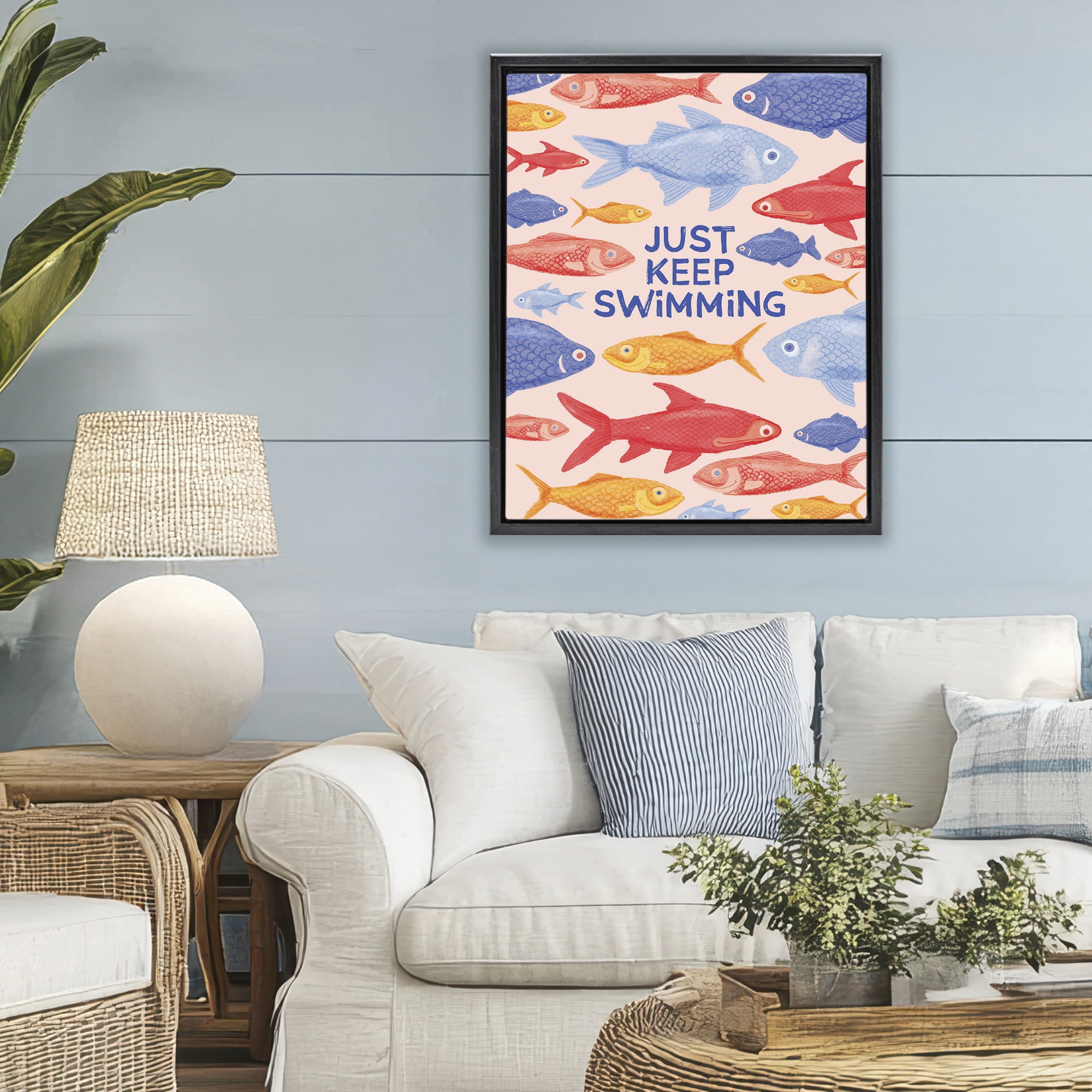 Stupell Industries Just Keep Swimming Fish Black Framed Floater Canvas Wall Art, design by The Paper Curator