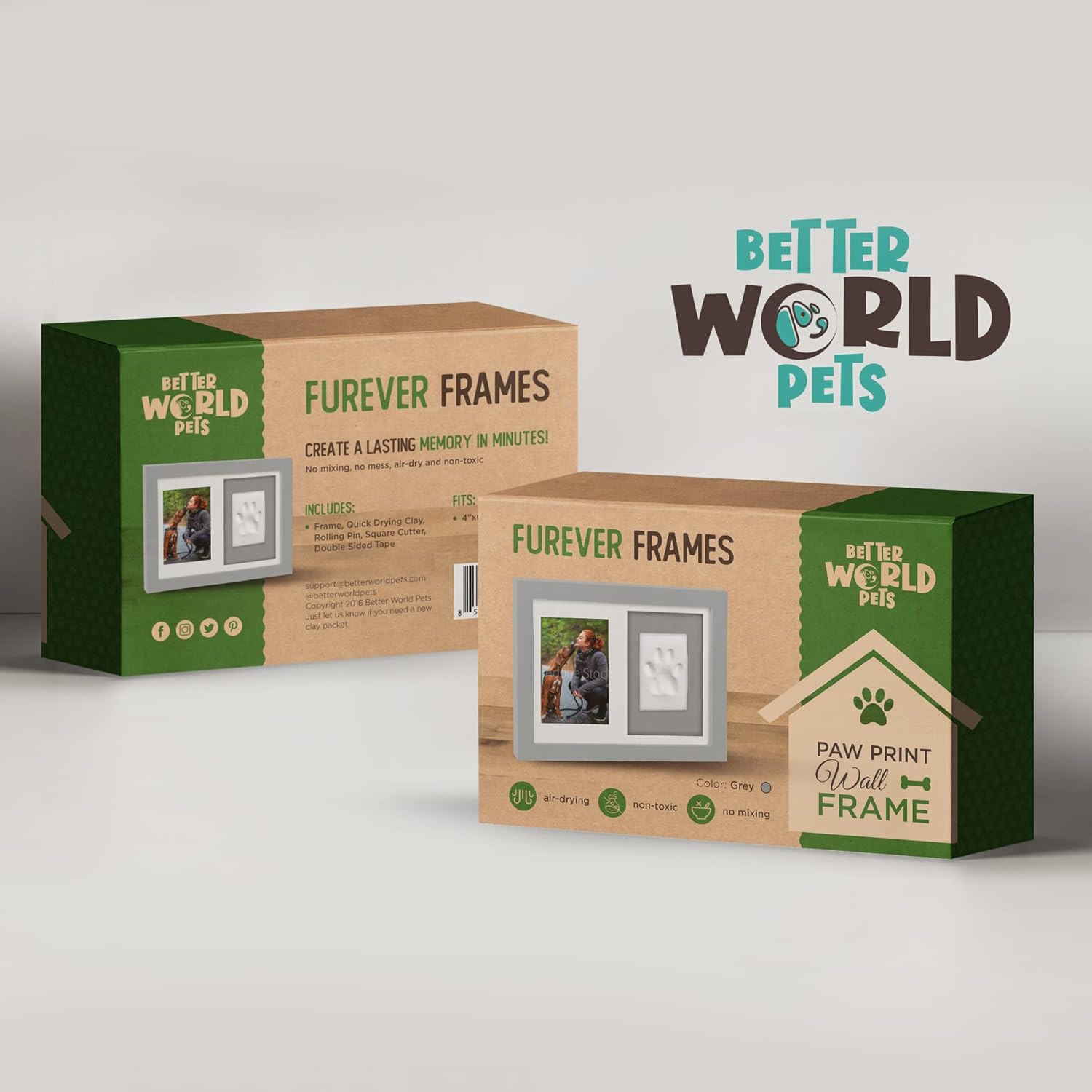 Better World Pets Pet Memorial Frame with Clay Paw Print Kit - Holds 4x6 Photo, Gray