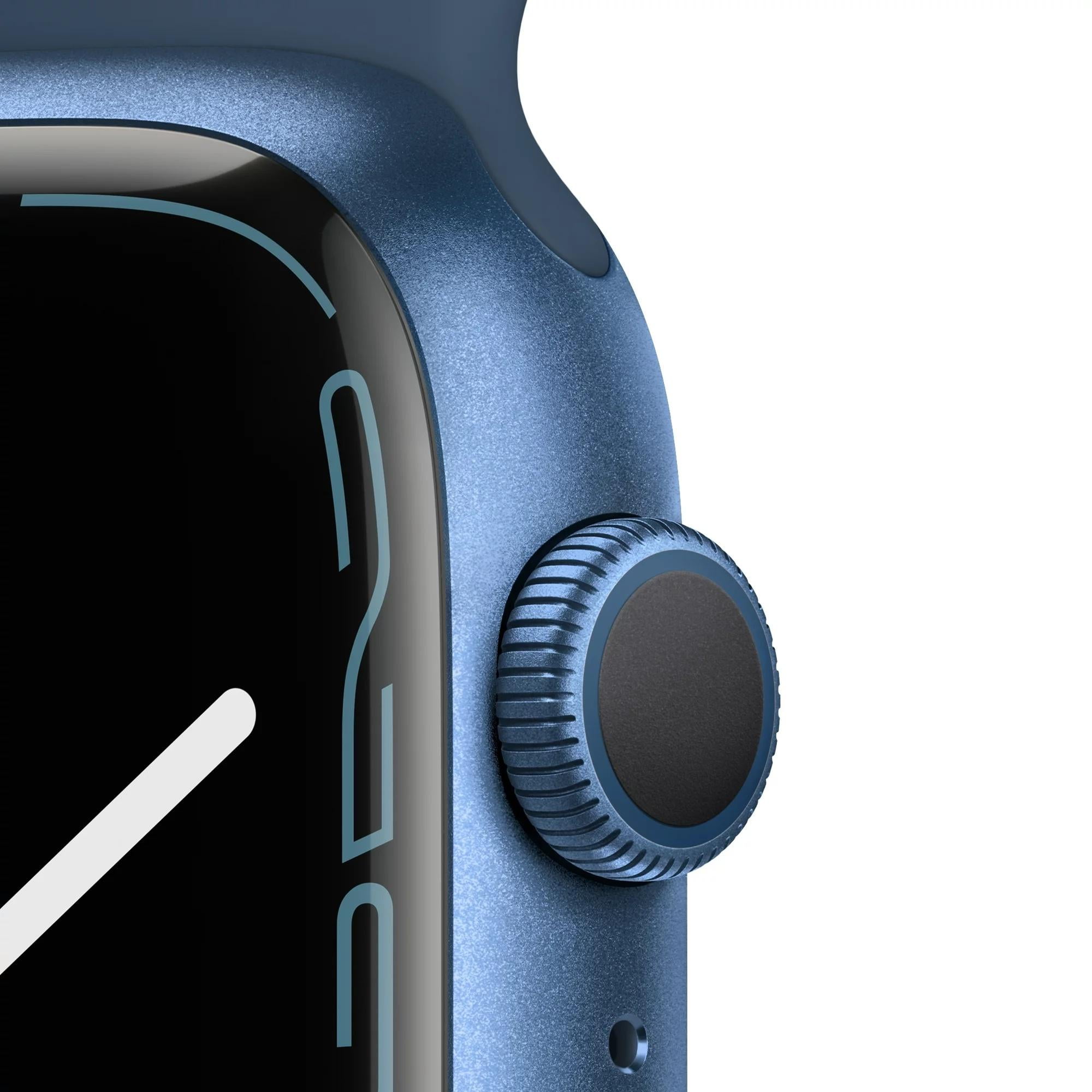 Restored Apple Watch Series 7 (GPS, 45 mm) Blue Aluminum Case with Abyss Blue Sport Band Bundle 5 Bonus Bands, Charging Stand, Screen Protector, & 2 amp charger (Refurbished)