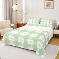 Manfei Vintage Garden Floral Twin Sheet Sets, Green Groovy Flower Twin Fitted Sheet, Simple French Style Flat Sheet, Luxury Bedroom Decor, 3 Pieces