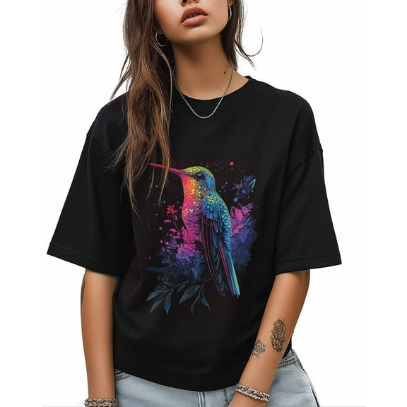 T Shirts for Women Short Sleeve Cotton Crewneck T-Shirt, Hummingbird Colorful Gradient Bird Splash Ink Tee Tops Casual Basic T-Shirts, XS-5XL Black XS