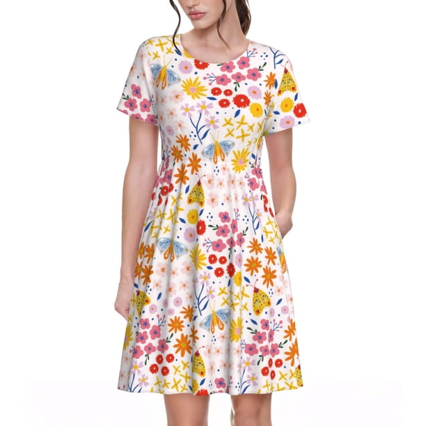 Balery Colorful Floral Vestidos sueltos de manga corta para mujer, vestidos de verano 2025, vestidos casuales de corte A con vuelo.