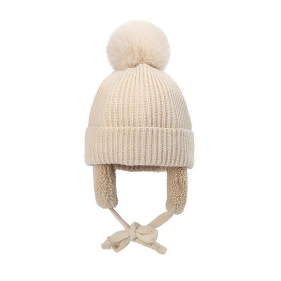 Winter Kids Hat with Plush Ear Flap Knitting Thick Beanie Cap Rib Cuff Pom Lined Warm Hat Gift for