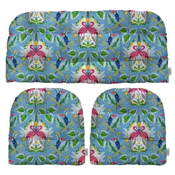 RSH Décor Indoor Outdoor 3 Piece Tufted Wicker Cushion Set, Large, Flamingo Flirt Tropical Blue
