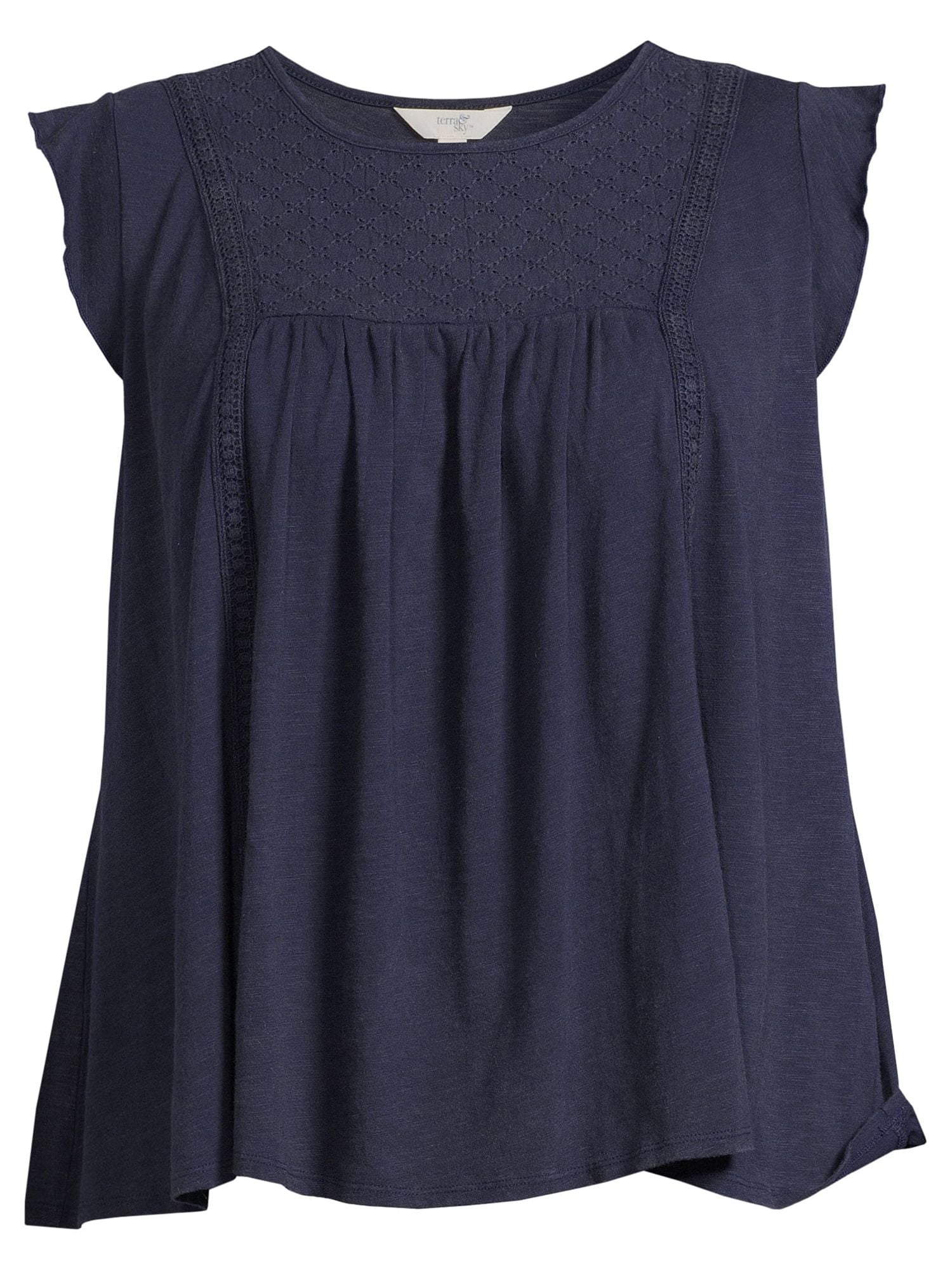 Terra & Sky Women's Plus Size Eyelet Mix Flutter Sleeve Knit Top