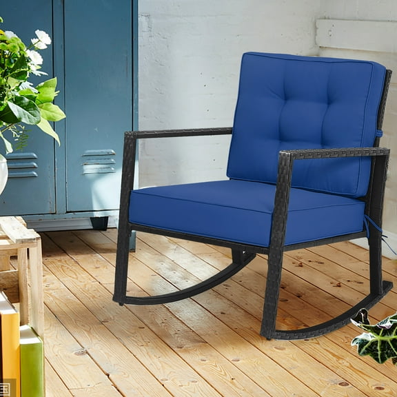 Costway Patio Rattan Rocker Chair Outdoor Glider Rocking Chair Cushion Lawn Navy