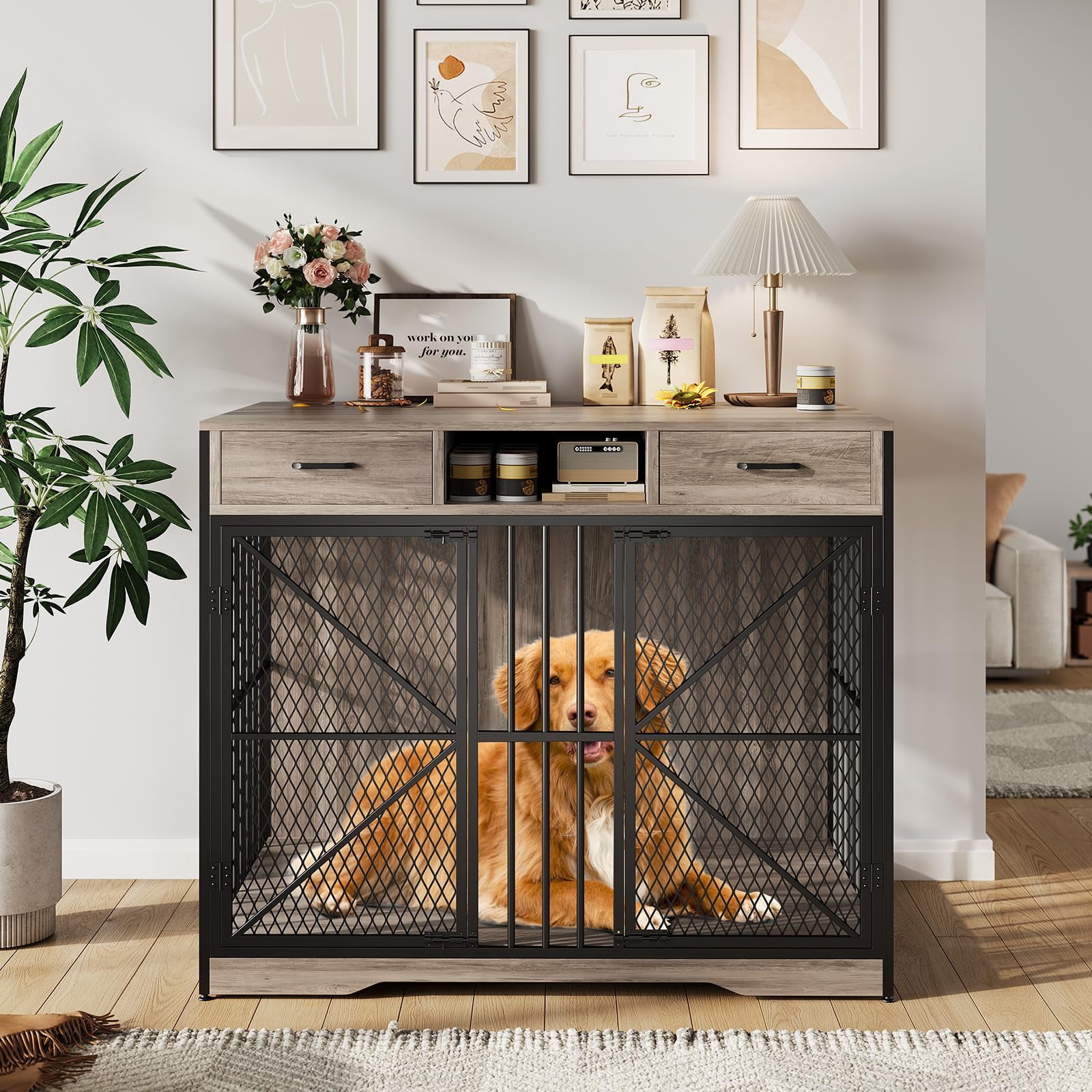 44 Inch Dog Crate Furniture, Heavy Kennel Coffee Table with Storage Drawer and Two Locked Doors, Suitable for Indoor Pet Cages of Medium and Small Varieties