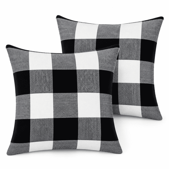 Set of 2 Buffalo Check Throw Pillow Covers Farmhouse Outdoor Plaid Square Pillow Cushion Case Black and White Polyester Linen for Christmas Thanksgiving Decor Car Bed Sofa,18 x 18 inches