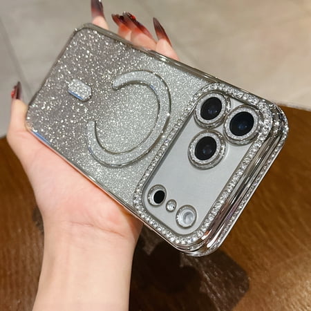 Dteck Magnetic for iPhone 17 Pro Case, Shockproof Compatible with Magsafe Accessory Glitter Bling Paper Gradient Sparkly Shiny Diamond Plated Frame Soft TPU Rubber Cover, Silver