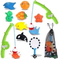 thumbnail image 1 of Juguetes de baño magnéticos para niños pequeños, juego de piscina de pesca para niños, juego de 2 cañas de pescar, 8 animales marinos de goma y red, juguetes acuáticos con bolsa organizadora de malla, 1 of 7