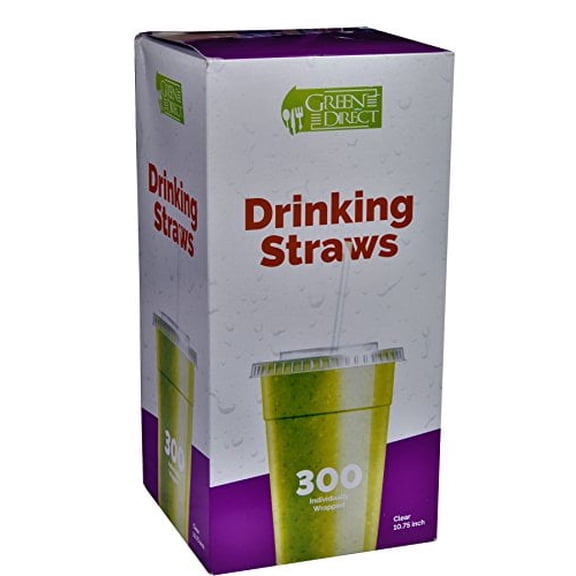 Drinking Straws By Green Direct - Disposable 10.75 inches Plastic Straws individually wrapped - Extra Long & Thick for use with any Jumbo Cup or Water Bottle - BPA Free - Clear Pack of 300