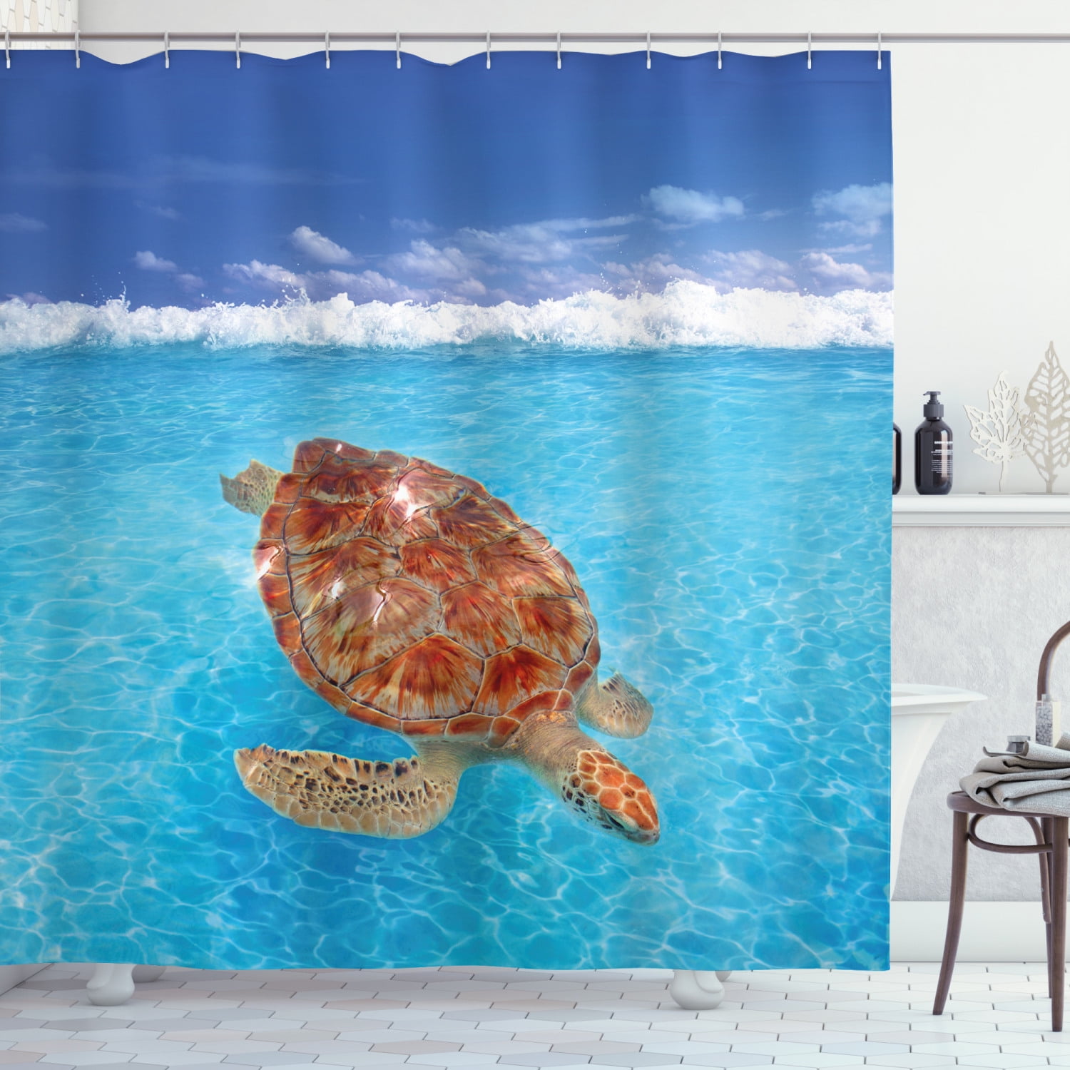 Wheel and Sea Turtle on Beach Shower Curtains Bathroom Waterproof Fabric & Hooks