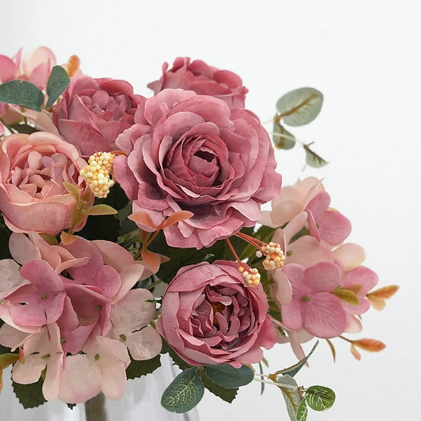 Peonías bordadas Flores artificiales - Set de 6 ramos para jardineras colgantes, decoración interior/exterior, hortensias de plástico y arreglo de rosas