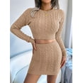 thumbnail image 4 of Women Bodycon Sweater, Mini Skirt Set 2 Piece Cable Knit Cropped Tops Outfit Long Sleeve Jumper Khaki S, 4 of 8