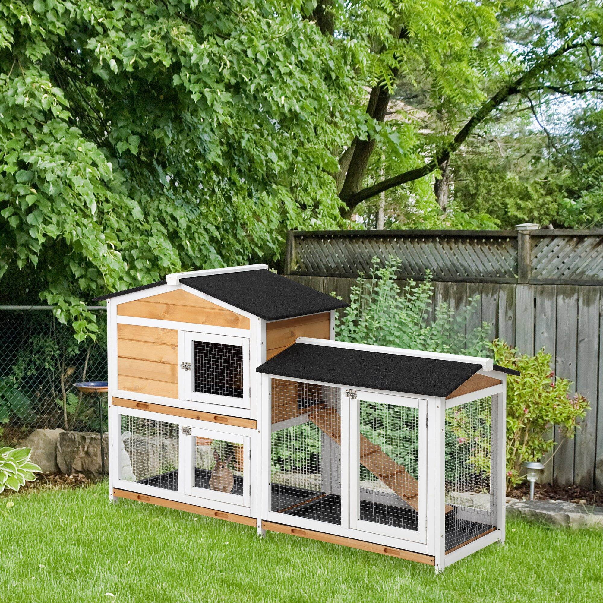 Dog Crate, PawHut 2-Story Rabbit Hutch Wooden Bunny Hutch Cage Small Animal House with Ramp, No Leak Tray, Weatherproof Roof and Outdoor Run, Indoor/Outdoor, Yellow, Yellow Pet Playpen,Chicken Coop