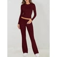 thumbnail image 4 of Women'S 2 Piece Matching Lounge Set Long Sleeve Slightly Crop Top Wide Leg Pants Casual Sweatsuit Wine Red S, 4 of 9