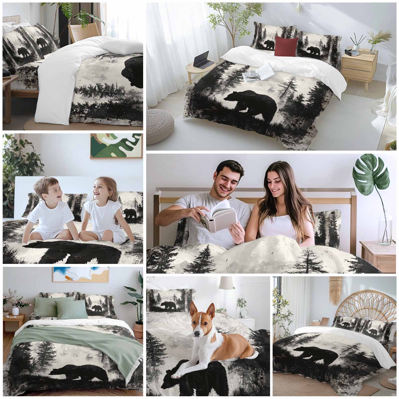 Brown Bear Bedding Duvet Cover Set Queen Size 4 Pieces Black Bear Forest Animal Modern Art Retro Bedding Set with Zipper Closure, 1 Comforter Cover 90x92 Inches 1 Flat Sheet & 2 Pillow Cases