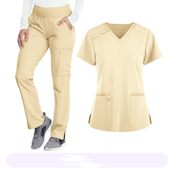 WULMLEO Womens Scrub Sets 2 Piece V Neck Stretch Scrubs Outfits Petite Short Sleeve Fashion Nursing Workwear Shirts and Joggers Medical Casual Soft Comfortable Nurse Uniform Beige M